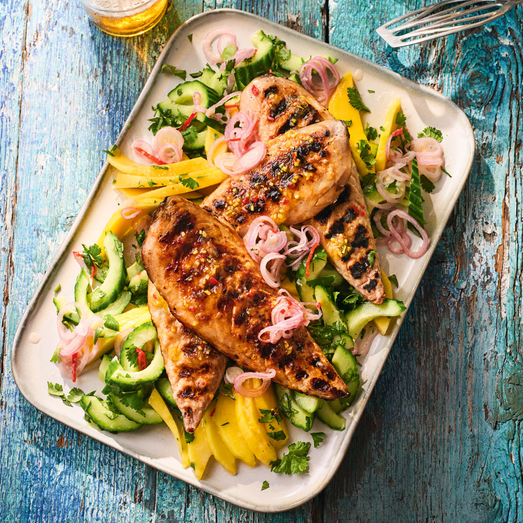 Grilled Mackerel with Mango and Cucumber Chow