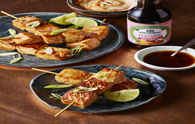 Teriyaki Gluten Free Salmon skewers with dips