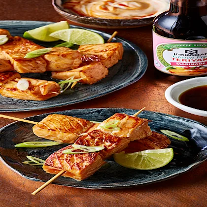 Teriyaki Gluten Free Salmon skewers with dips