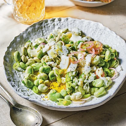 Broad Bean and Goat’s Cheese Salad with Crispy Pods
