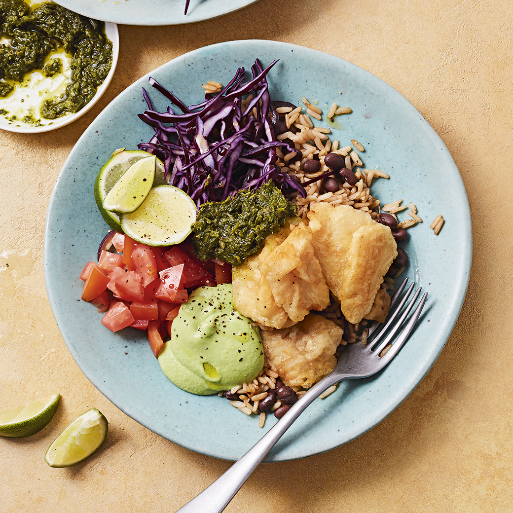 Crispy Hake Bowls with Broad Bean Guacamole