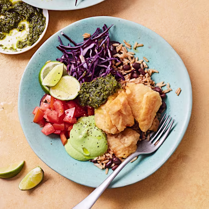 Crispy Hake Bowls with Broad Bean Guacamole