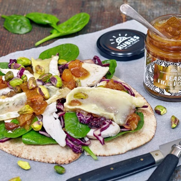 Brie, Spinach & Pear Wrap with Rubies Pear, Fig & Port Chutney