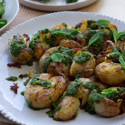 Crushed and Roasted Baby Potatoes with Leftover Herb Salsa Verde