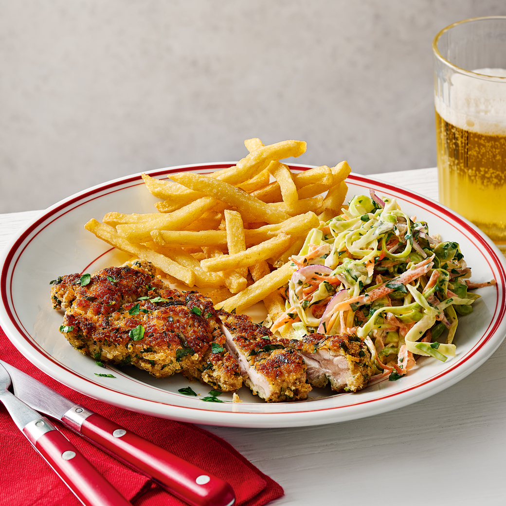 Chicken Schnitzel, Herby Slaw and Chips 