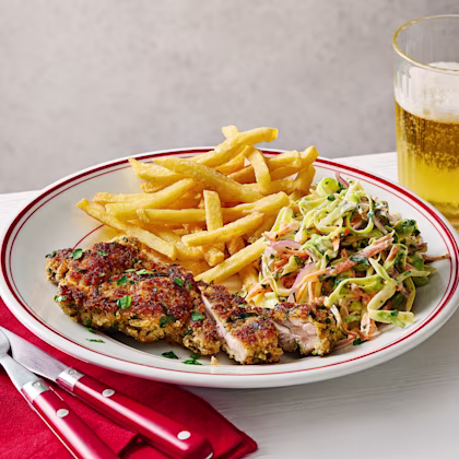 Chicken Schnitzel, Herby Slaw and Chips