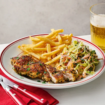 Chicken Schnitzel, Herby Slaw and Chips