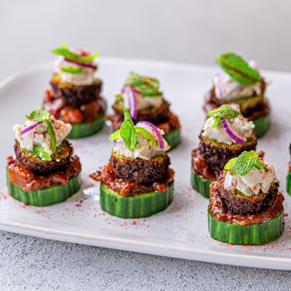 Falafel, Lime-pickled Cucumber and Aubergine Canapes