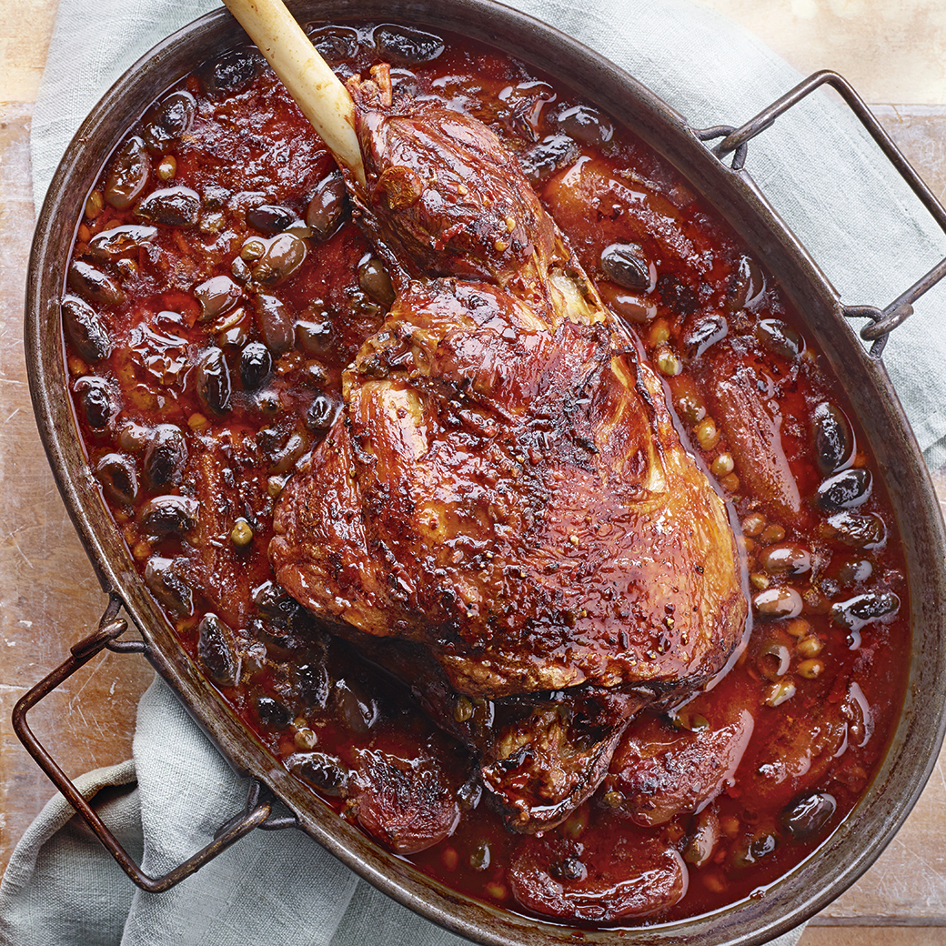 Slow-Roasted Leg of Lamb with Puttanesca Sauce