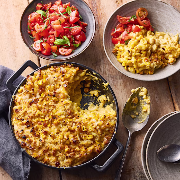 Creamed Corn Mac and Cheese with Tomato Salsa