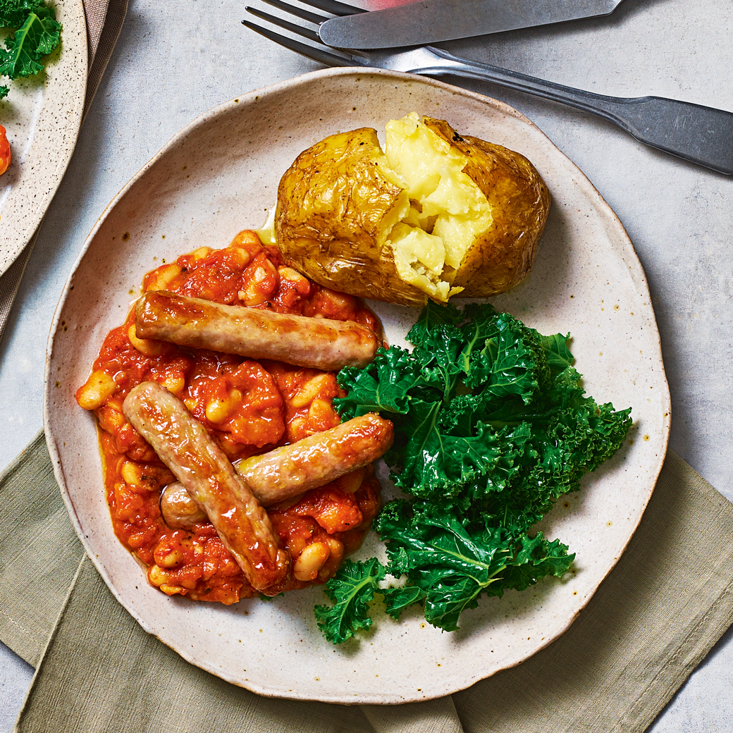 Smoky Beans and Maple Bangers