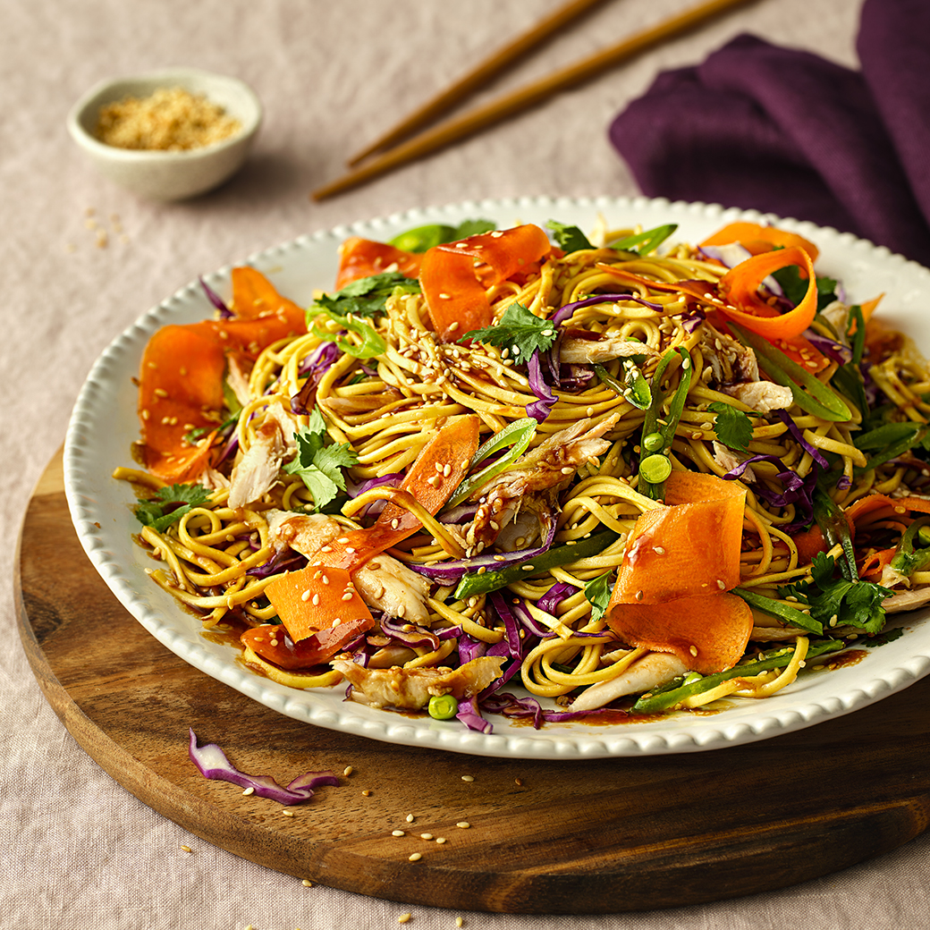 Honey and Sesame Chicken Noodle Salad with Ginger Clementine Dressing