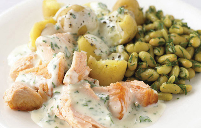 Salmon with New Potatoes, Flageolet Beans, and Parsley Sauce