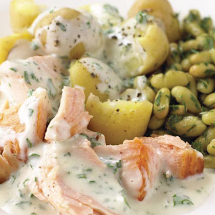 Salmon with New Potatoes, Flageolet Beans, and Parsley Sauce