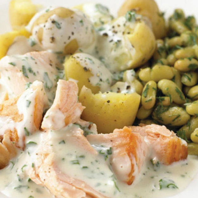 Salmon with New Potatoes, Flageolet Beans, and Parsley Sauce