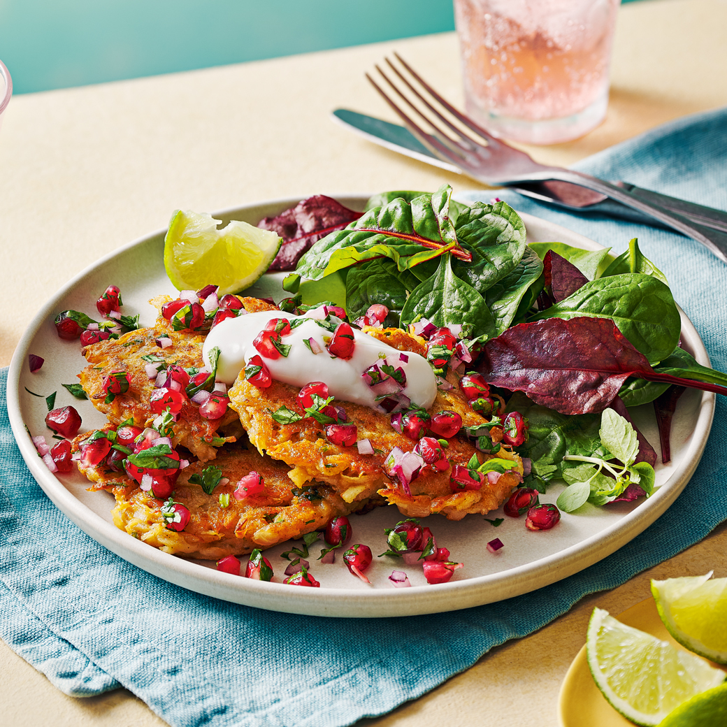 Parsnip Fritters with Pomegranate Salsa and Lime Yoghurt
