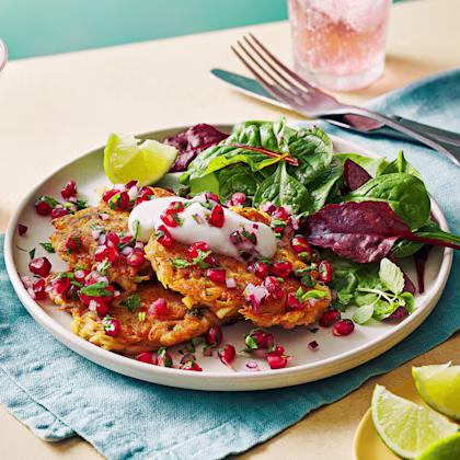 Parsnip Fritters with Pomegranate Salsa and Lime Yoghurt