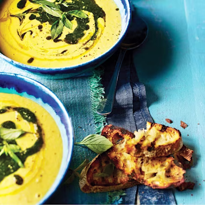 Sweetcorn, Ginger & Lemongrass Soup with Thai Basil Oil