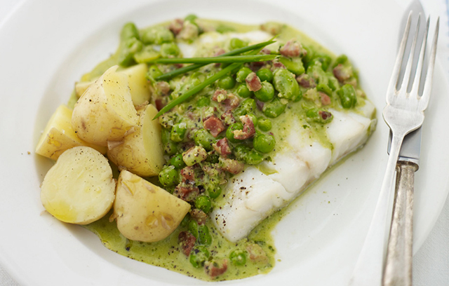 Grilled Cod Fillet with Pancetta & Pesto Sauce