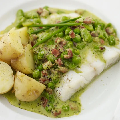 Grilled Cod Fillet with Pancetta & Pesto Sauce