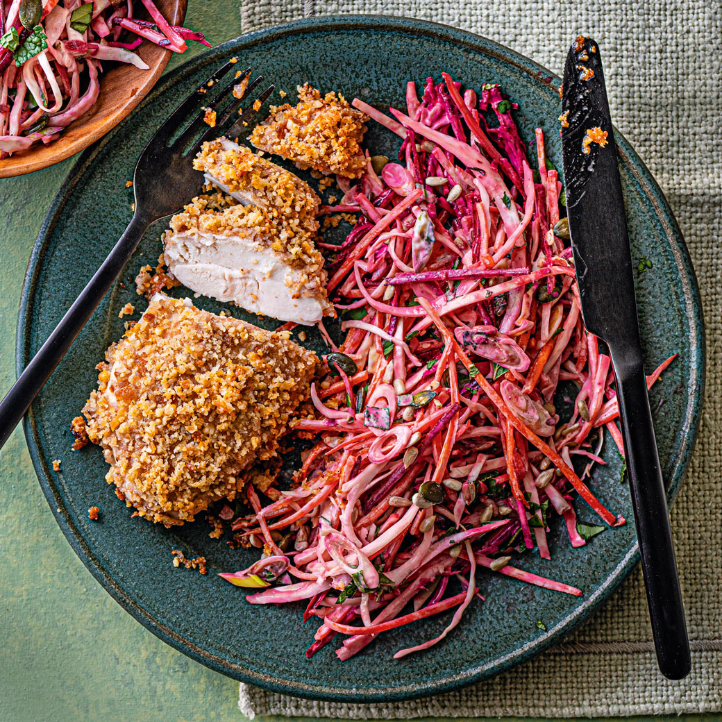 Crunchy Walnut Chicken with Seeded Rainbow Slaw