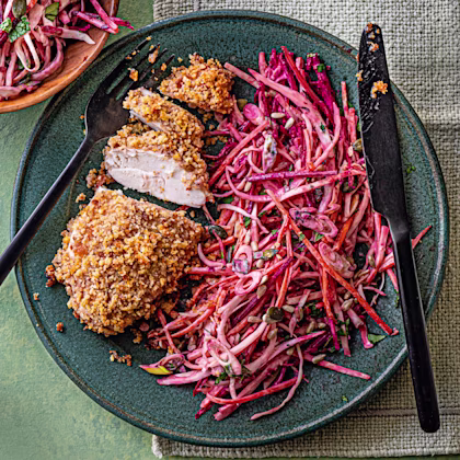Crunchy Walnut Chicken with Seeded Rainbow Slaw