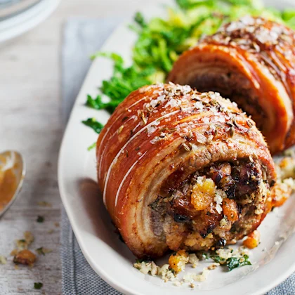 Apricot-Stuffed Belly of Pork with Sautéed Cabbage