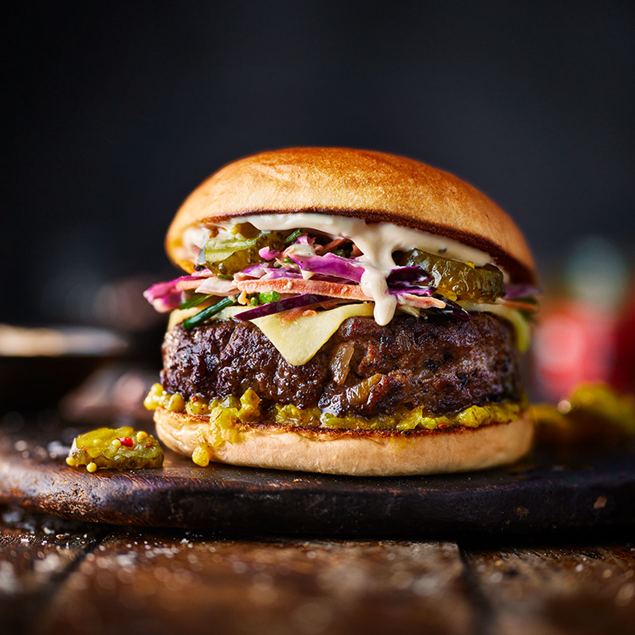 Smoky Cheeseburger with Rainbow Slaw