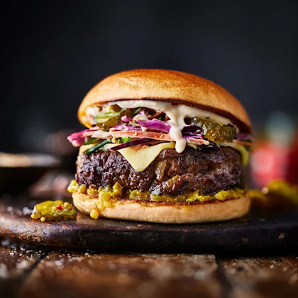 Smoky Cheeseburger with Rainbow Slaw