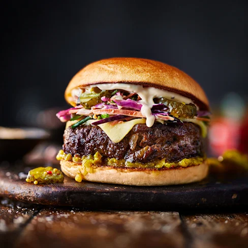 Smoky Cheeseburger with Rainbow Slaw