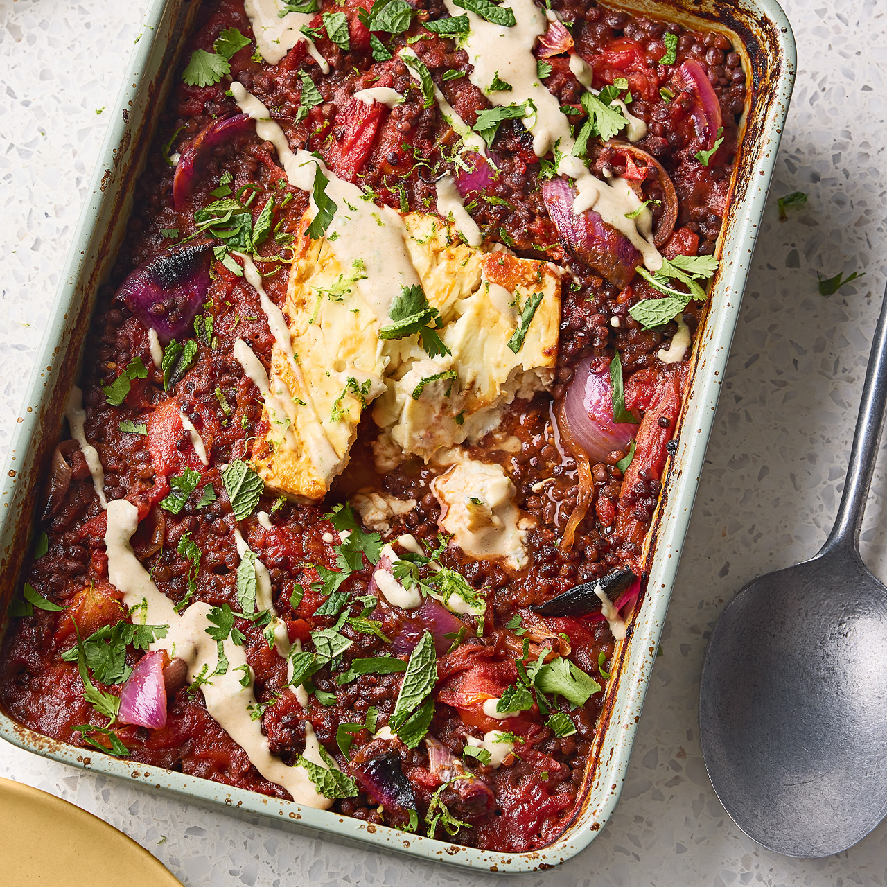 Feta, Lentil and Tomato Traybake