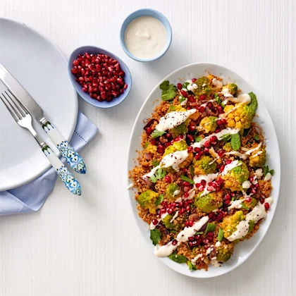 Spiced Warm Romanesco Salad with Tahini Dressing and Pomegranate