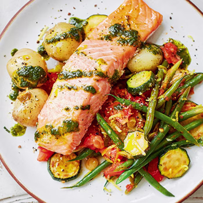 Lightly Smoked Salmon Stir-Fry with Basil Oil