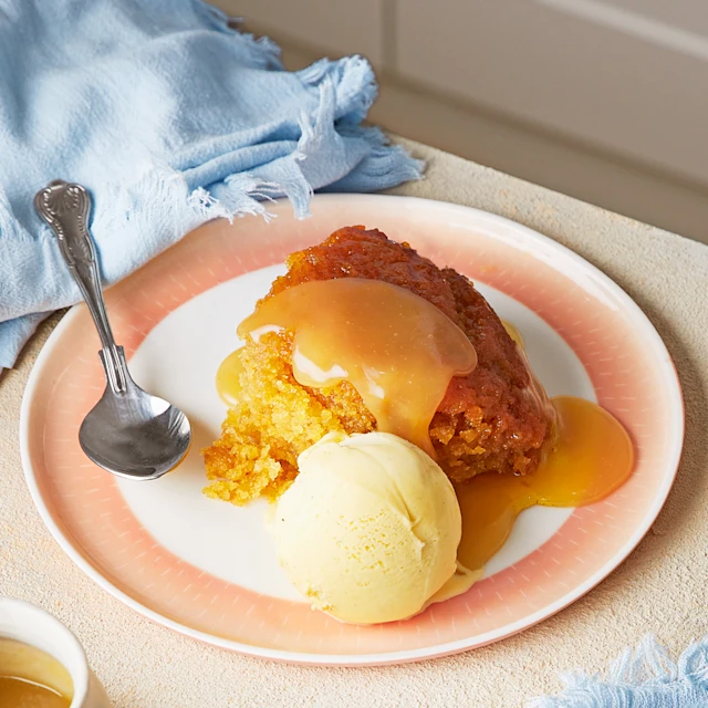 Steamed Cardamom Cake with Sticky Ginger Caramel Sauce