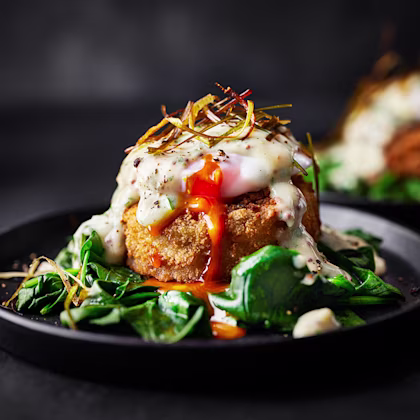 Cheesy, Crispy Potato Cakes with Poached Eggs