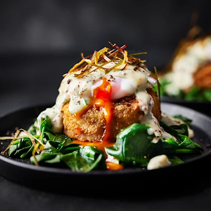 Cheesy, Crispy Potato Cakes with Poached Eggs