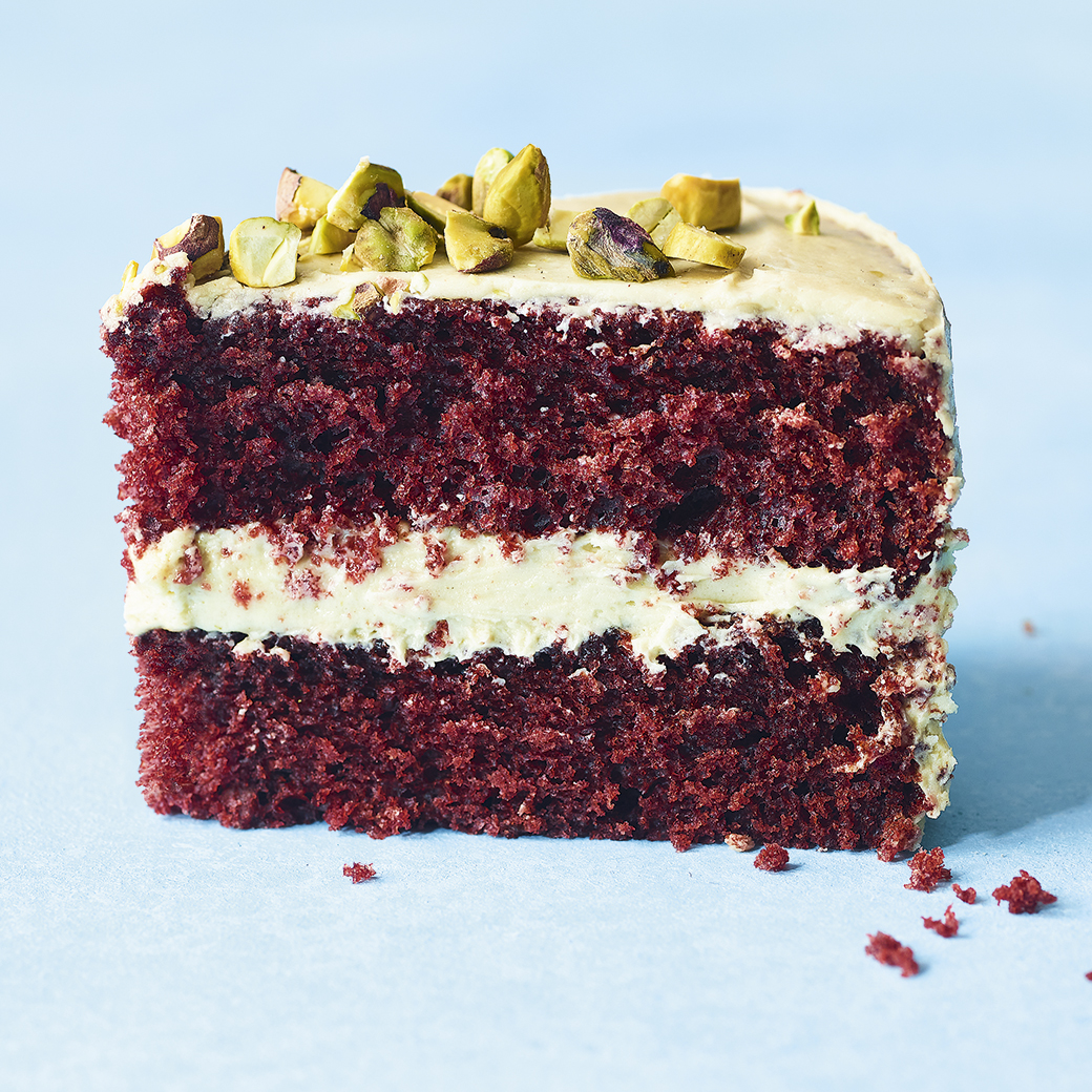 Red Velvet Cake with Pistachio Frosting