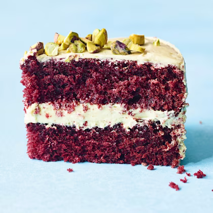 Red Velvet Cake with Pistachio Frosting