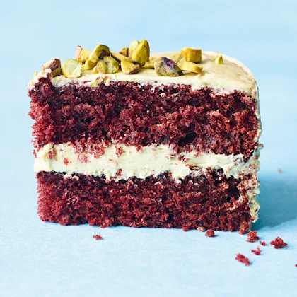 Red Velvet Cake with Pistachio Frosting