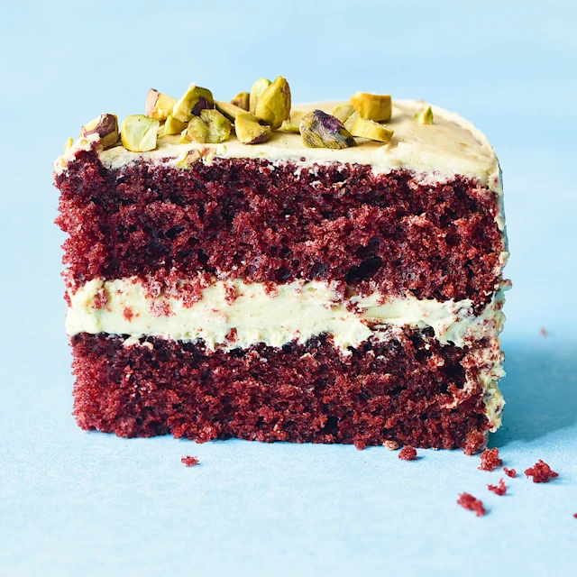 Red Velvet Cake with Pistachio Frosting