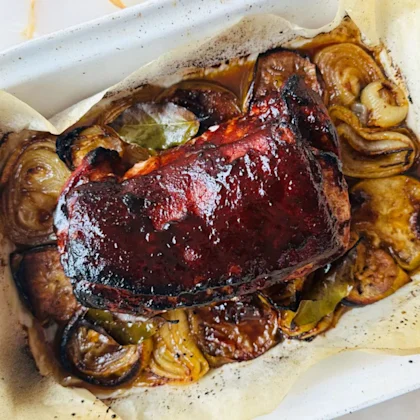 Sweet, tart and salty, this sticky gammon by Yotam Ottolenghi is the perfect pairing of flavours. A touch of brown sugar helps create a jammy glaze that seeps into the roasted onions and apples.