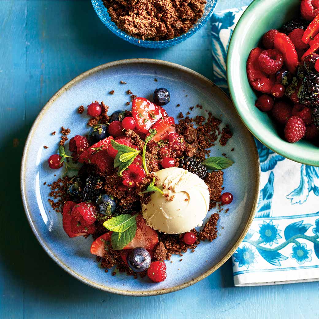 Summer Berry Salad & Vegan Ice Cream with Chocolate Almond Crumb