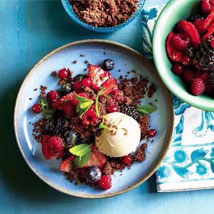 Summer Berry Salad & Vegan Ice Cream with Chocolate Almond Crumb