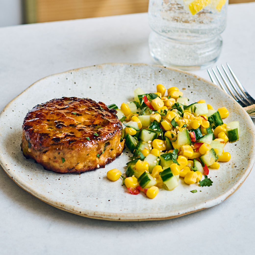 Spicy Sweetcorn and Cucumber Salad with Fishcakes