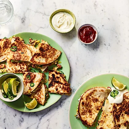 Leek, pinto bean and cheddar quesadillas