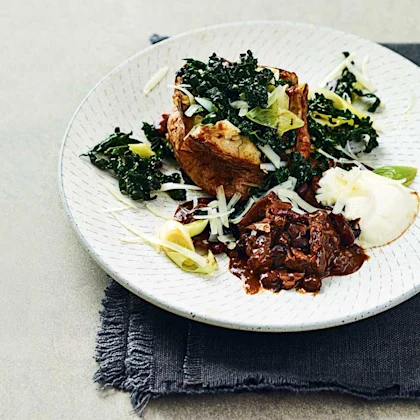 Slow-Cooked Beef Brisket Chilli with Cavolo Nero and Baked Potatoes