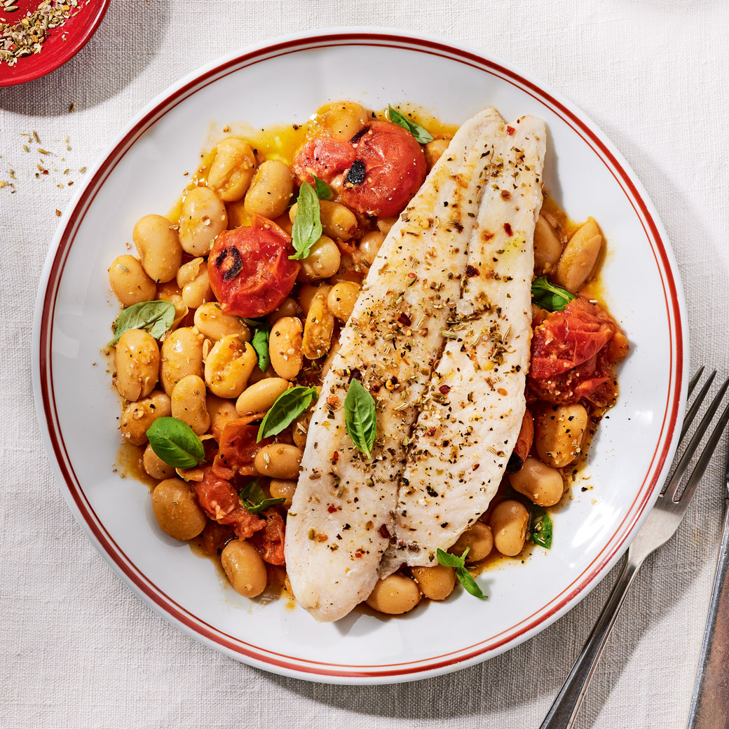 Spiced-salt Basa with Tomatoes and Beans