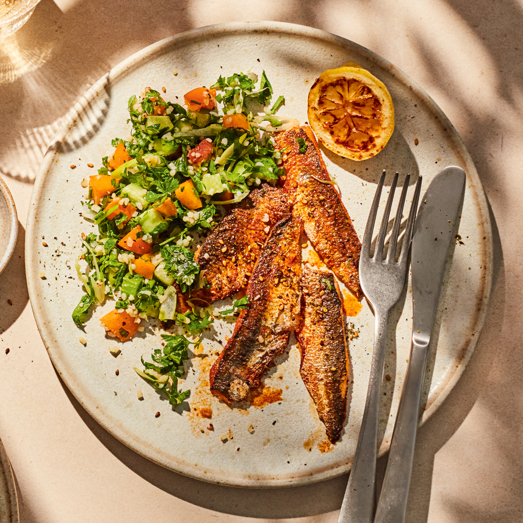 Apricot Tabbouleh with Grilled Sardines