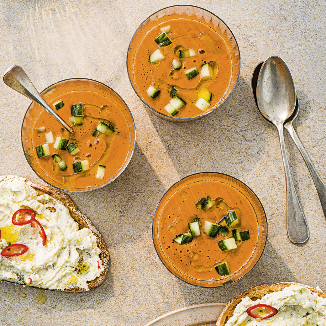 Fermented Gazpacho with Whipped Feta Toasts