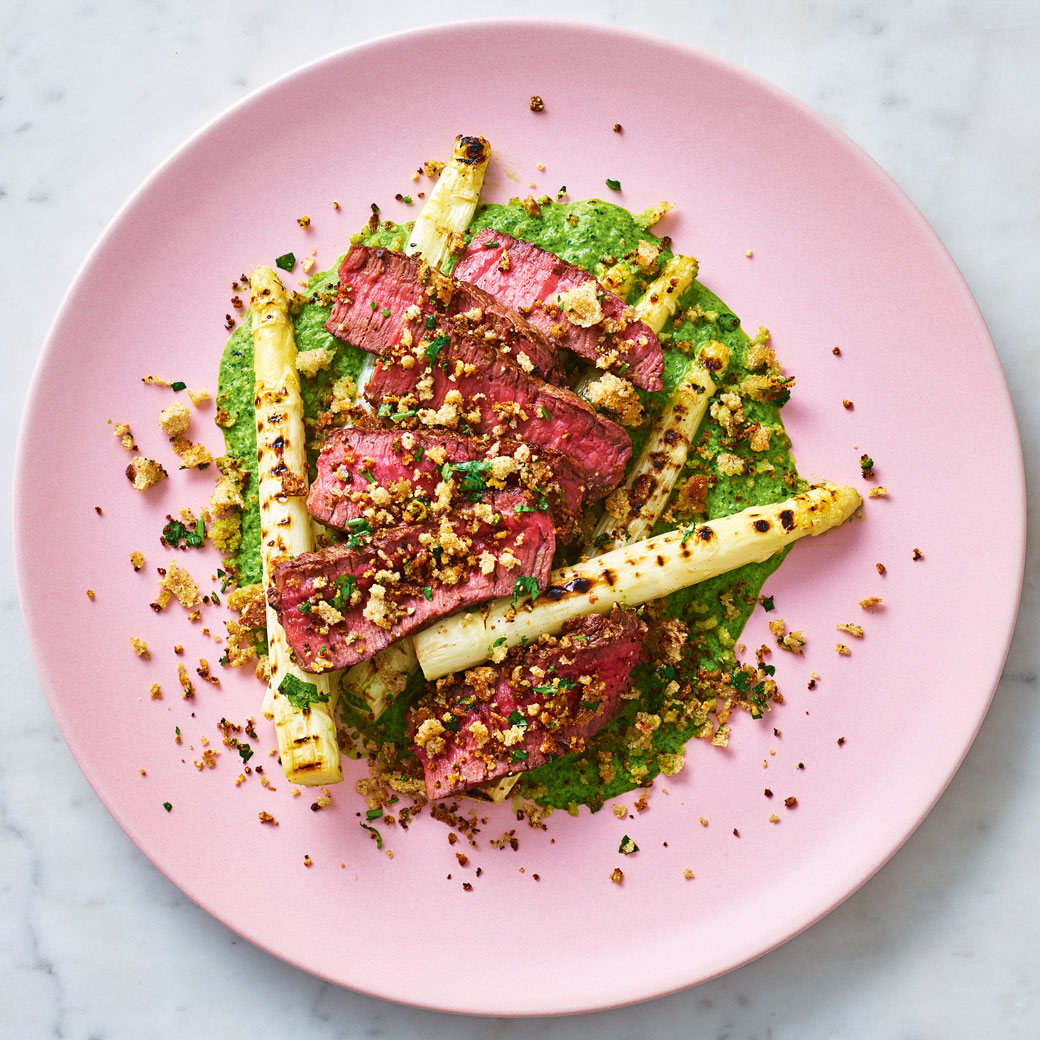 White Asparagus, Steak and Watercress Sauce